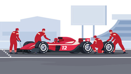 Formula one pitstop. Sports cars for competition. Transport for fast driving in races. Extreme sports on a car. Vector illustration