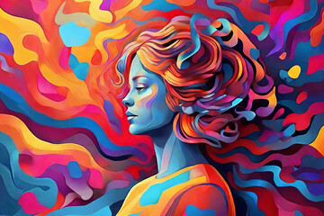 Vivid mental health art Person amidst auditory hallucination illustration on colorful backdrop. Ideal for mental health concepts and awareness - obrazy, fototapety, plakaty