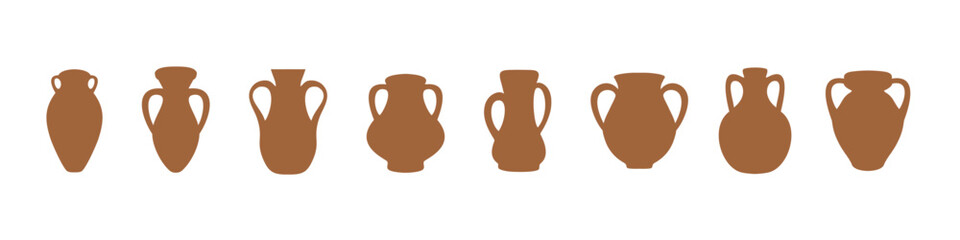 Set of different terracotta pottery with handles water jug plant pot flat vectors - obrazy, fototapety, plakaty