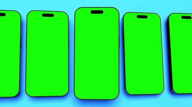 Modern smartphones in a row with green screen for content replacement