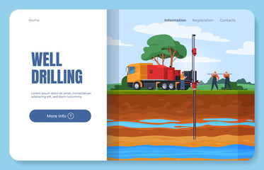 Water supply wells in residential premises. Infographics of soil layers and underground water. Well, liquid pump. Water supply system. Vector illustration - obrazy, fototapety, plakaty