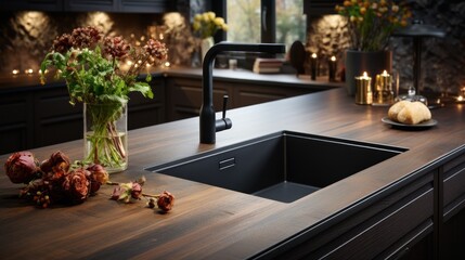 Fototapeta na wymiar sink in the kitchen with an elegant wooden table