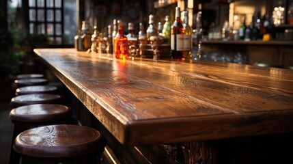 Fototapeta na wymiar top view of wooden table inside the bar