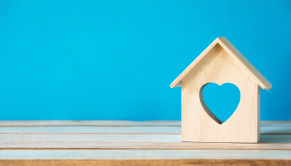 Obraz na płótnie Canvas House wood with heart shape on wooden and blue background, copy space