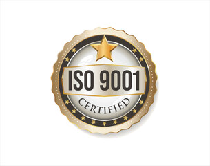 ISO 9001 certified golden badge vector illustration on white background 