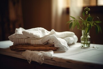 Desk with folded towel, linen tablecloth. Selective focus. Generative AI