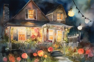 Watercolor painting of cozy home illuminated by lanterns beneath the night sky. Generative AI
