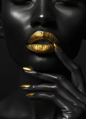 Wanddecoratie Zwart goud Black girl model with gold lips and gold manicure on black background  © Alina Zavhorodnii