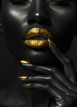 Black girl model with gold lips and gold manicure on black background