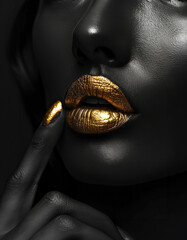 Black girl model with gold lips and gold manicure on black background