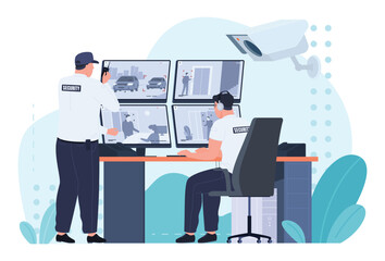 The security personnel of the object are watching the video surveillance cameras. Security service. Employees of security firms, private and state bodyguards. Vector illustration