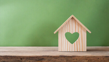 Obraz na płótnie Canvas House wood with heart shape on wooden and green background, copy space