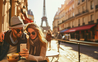 Couple taking selfie at Paris cafe with Eiffel Tower view. Shallow field of view. - obrazy, fototapety, plakaty