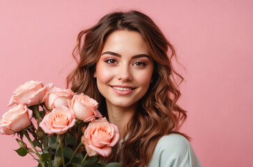 girl with pink roses smiling on pink background