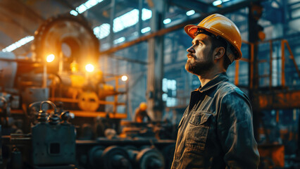 Portrait of a man in a construction helmet at work in a workshop at a factory