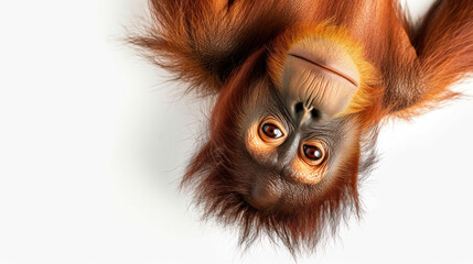 a oran utan on white background is looking up. Generative AI