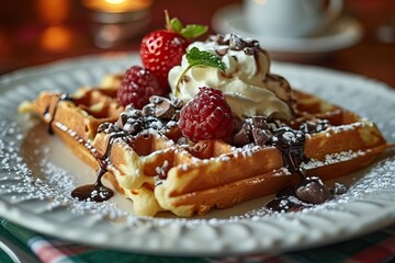 Delicious waffles with chocolate in a cafe