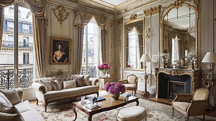 Luxurious Parisian apartment with gilded molding, antiques and marble fireplace - obrazy, fototapety, plakaty