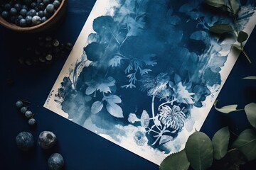 Cyanotype workshop graphic print design, blue and white colors with floral, natural elements.