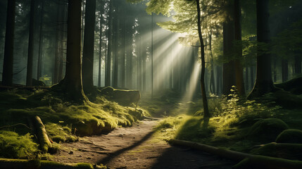 Sunlight Shines Down Through Tall Trees in a Forest