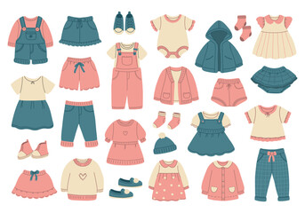 Modern kids clothes set. Fashion garments for girls. Collection of stylish casual children wearing. 