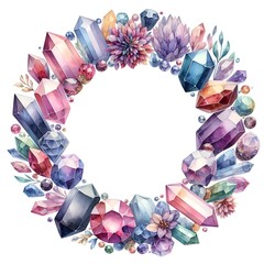 beautiful colorful crystal gem round frame wealth symbol watercolor paint