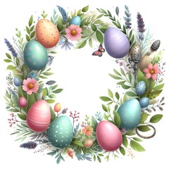 Fototapeta na wymiar Easter holiday wreath with colorful eggs, flowers and palnt herbs round frame for greeting card design