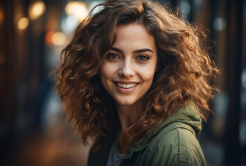 Obraz premium portrait of a woman smiling with curly hair and sitting in coffee shop