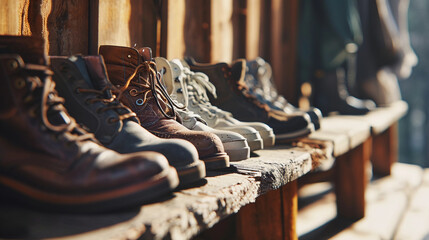 classic leather brogues, casual white sneakers, and hiking boots, neatly arranged in a row on a...