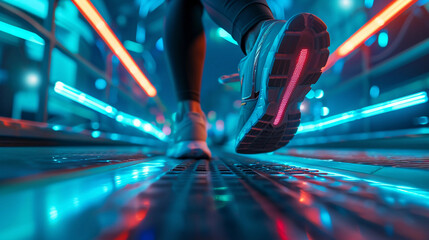 smart running shoes with embedded LEDs and sensors, on a tech-infused treadmill, ambient neon...
