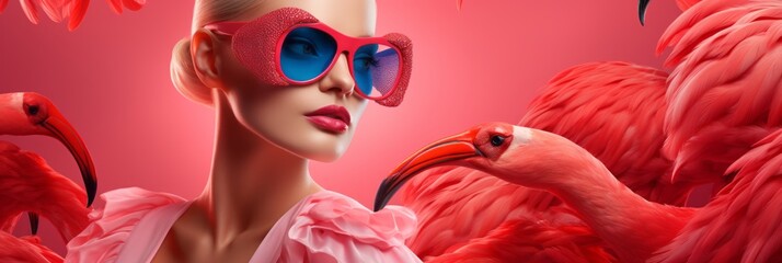 Young girls in beautiful fashionable clothes in flamingo plumage colors, exotic bird and high fashion, fashion magazine cover, banner