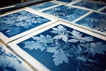 Papier Peint photo Lavable Papillons en grunge Cyanotype workshop graphic print design, blue and white colors with floral, natural elements.