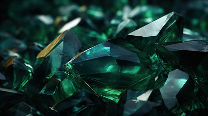 Emerald Elegance: 3D Render of an Abstract Green Crystal Background with Faceted Texture, Showcasing the Macro Detail of an Emerald Gem in a Panoramic View, Creating a Wide Polygonal Wallpaper with St