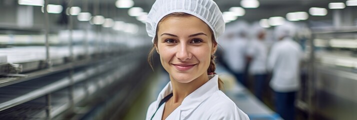 Food industry, a girl in a white coat and a protective cap on the background of a blurred food...