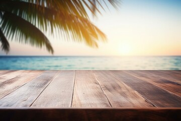 Summer Table And Sea With Blurred Leaves Palm And Defocused Bokeh Light On Ocean - Wooden Plank In Abstract Landscape