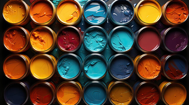 Colorful Palette: Background of Various Paint Cans, Each Bursting with Different Vibrant Hues, Creating a Kaleidoscopic Display of Artistic Potential.