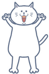 Illustration of a white cat standing with its arms raised. The cat's expression represents happiness, enjoyment, joy, etc.	