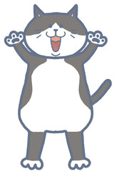 Illustration of a black and white cat standing with its arms raised. The cat's expression represents happiness, enjoyment, joy, etc.	
