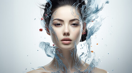  Asian Woman Portrait Illustrating the Effects of a Face Lift Anti-Aging Treatment, Graphic Lines Showcase the Uplifting Transformation on the Skin, Presented in an Isolated Setting 