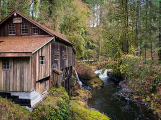 Old historic Cedar Creek Grist Mill at a small creek flowing betweenthe trees of the forest at   woodland, WA, USA.