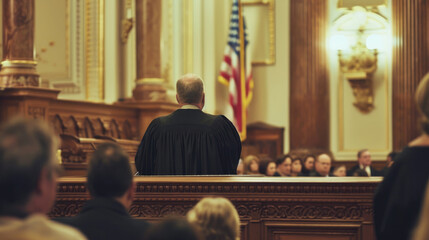 The judge addresses the jury in a rear view