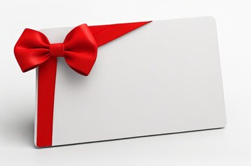 3D Rendering of Blank Gift Card with Red Rope Bow, Isolated on White Background with Subtle Shadow. Generative AI.