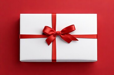 Top View of White Gift Box Tied with Red Ribbon Bow, Isolated on a Vibrant Red Background. Generative AI.