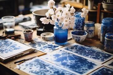 Naklejka na ściany i meble Cyanotype workshop graphic print design, blue and white colors with floral, natural elements.