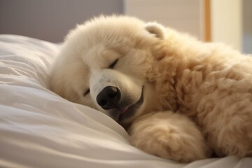 Adorable plush bear on comfy bed. Generative AI