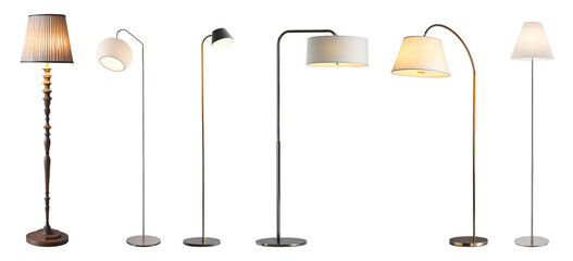 Set of various decorative modern floor lamps isolated on transparent background. Generative AI