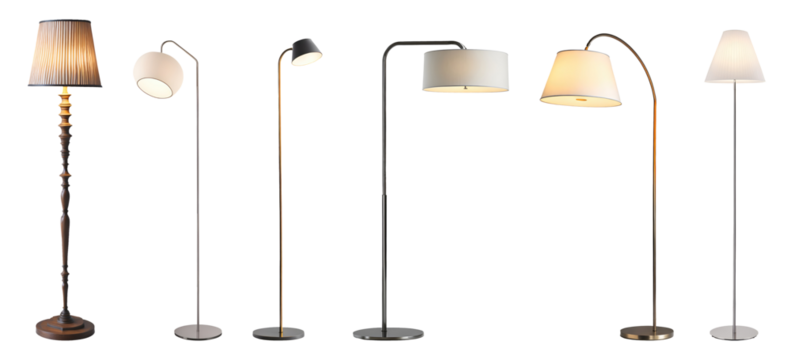 Set of various decorative modern floor lamps isolated on transparent background. Generative AI