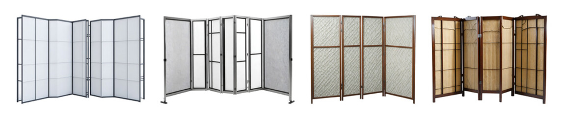 Set of various foldable modern room dividers isolated on transparent background. Generative AI