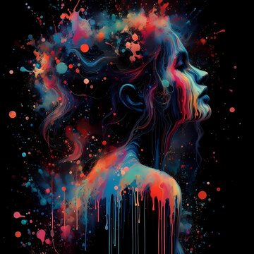 colorful image of a woman in splashed color water ink theme, couple, colorful, staring, water-ink, splash, woman, face, art, fashion, illustration, glamour