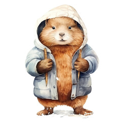 Beaver Wearing Winter Clothes For Christmas Event. Watercolor Style. AI Generated